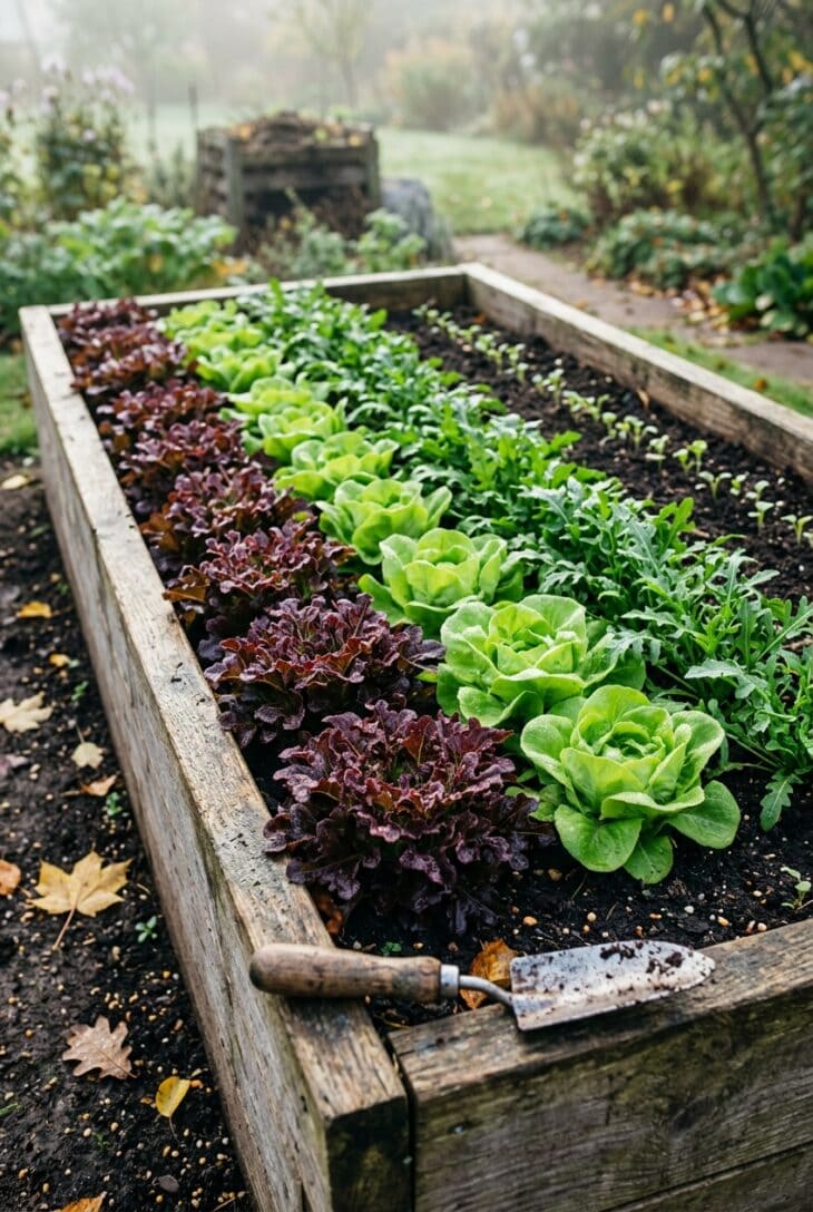 Raised bed of red and green lettuce and arugula in rows of different ages, with seedlings emerging at one end