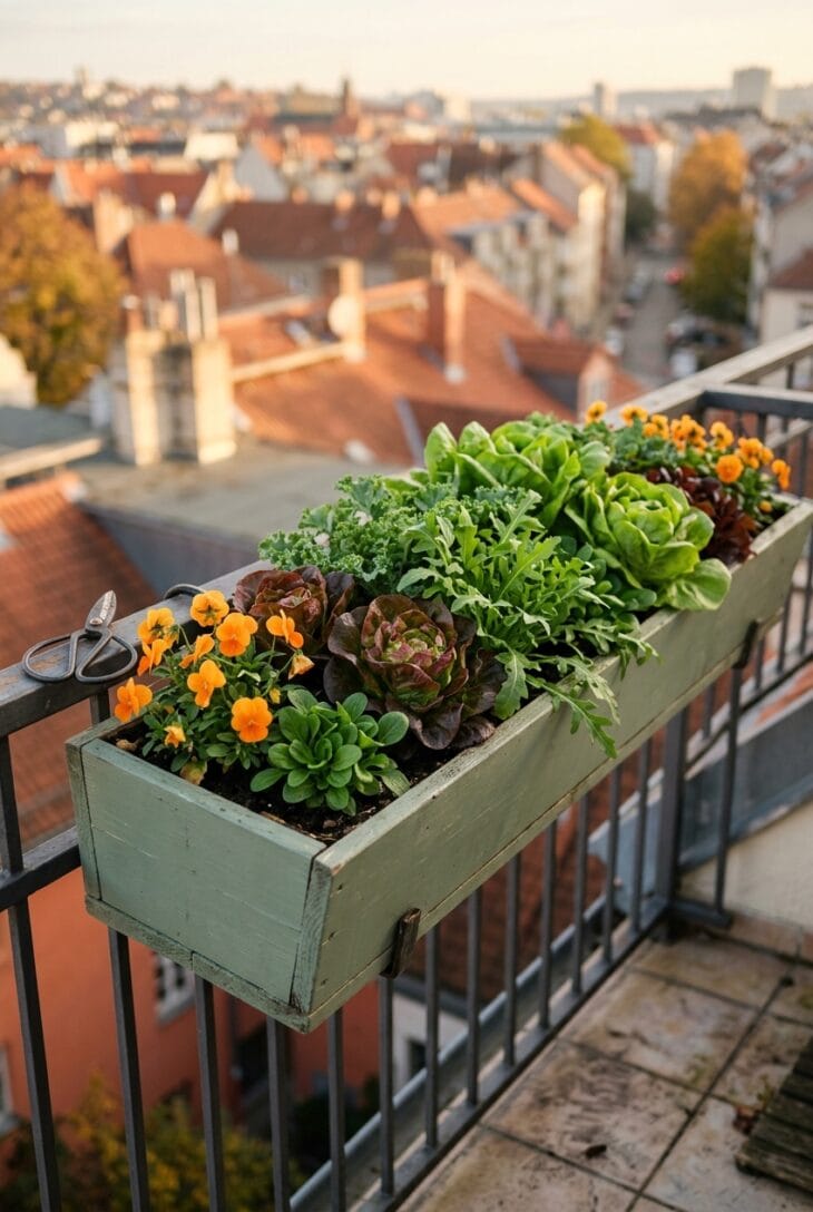 Balcony railing window box of red and green lettuce, baby kale, arugula and orange violas above city rooftops