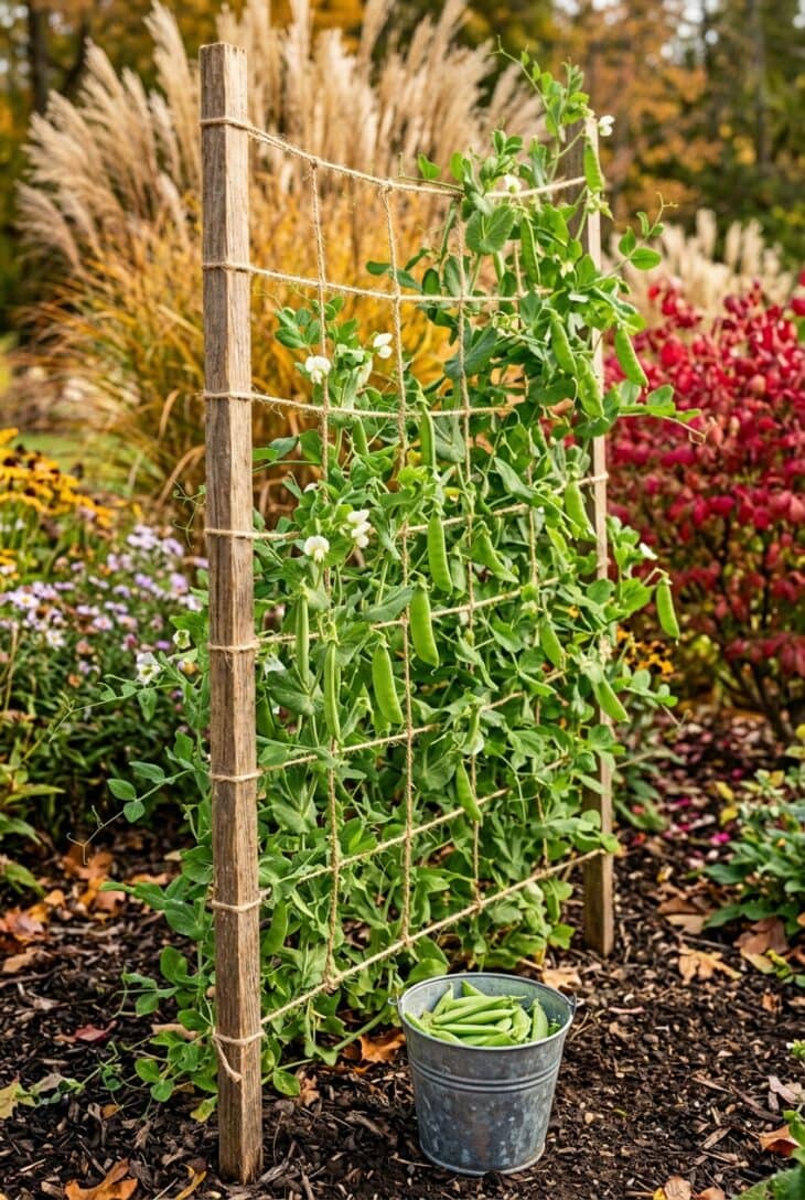 Pea vines on a twine trellis hung with flat green snow pea pods and white flowers, with a bucket of picked pods