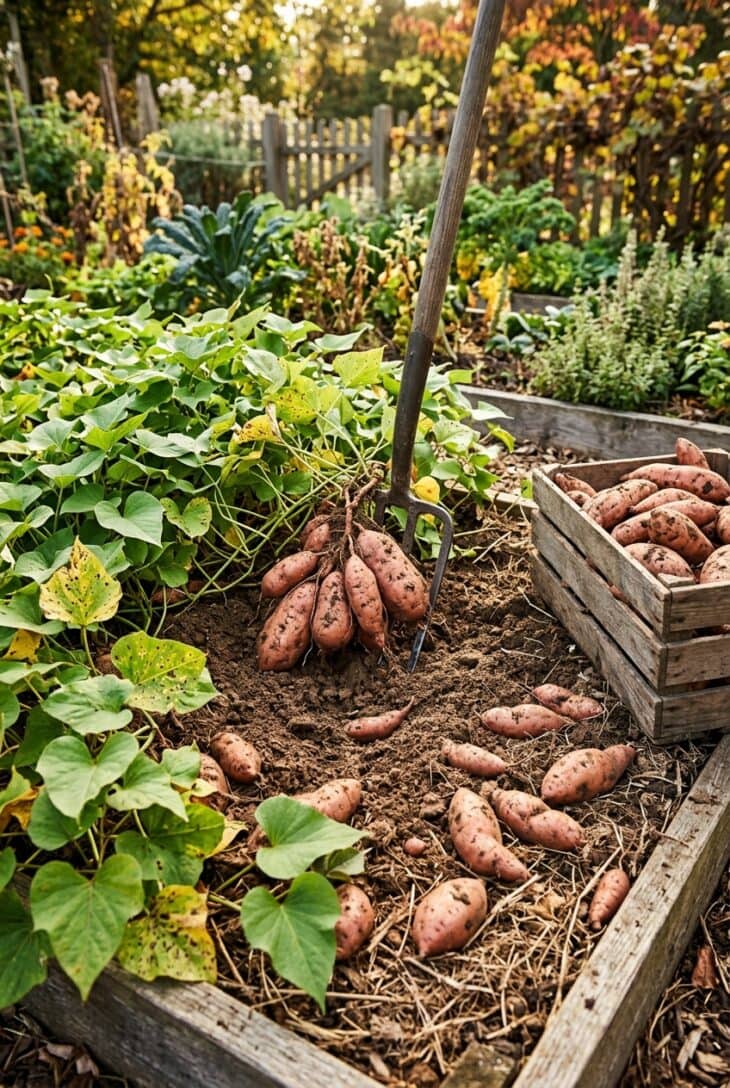 Garden fork lifting a cluster of copper-skinned sweet potatoes from loose soil beside a wooden crate