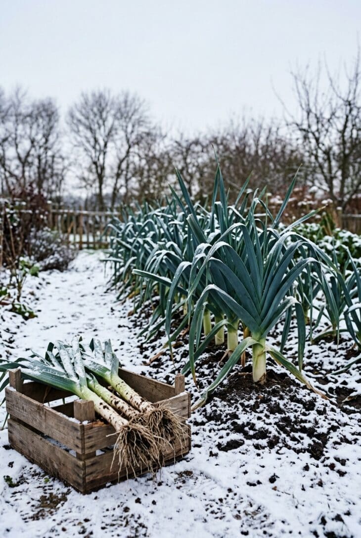 Row of blue-green leeks in a snowy vegetable bed with freshly pulled leeks in a wooden crate