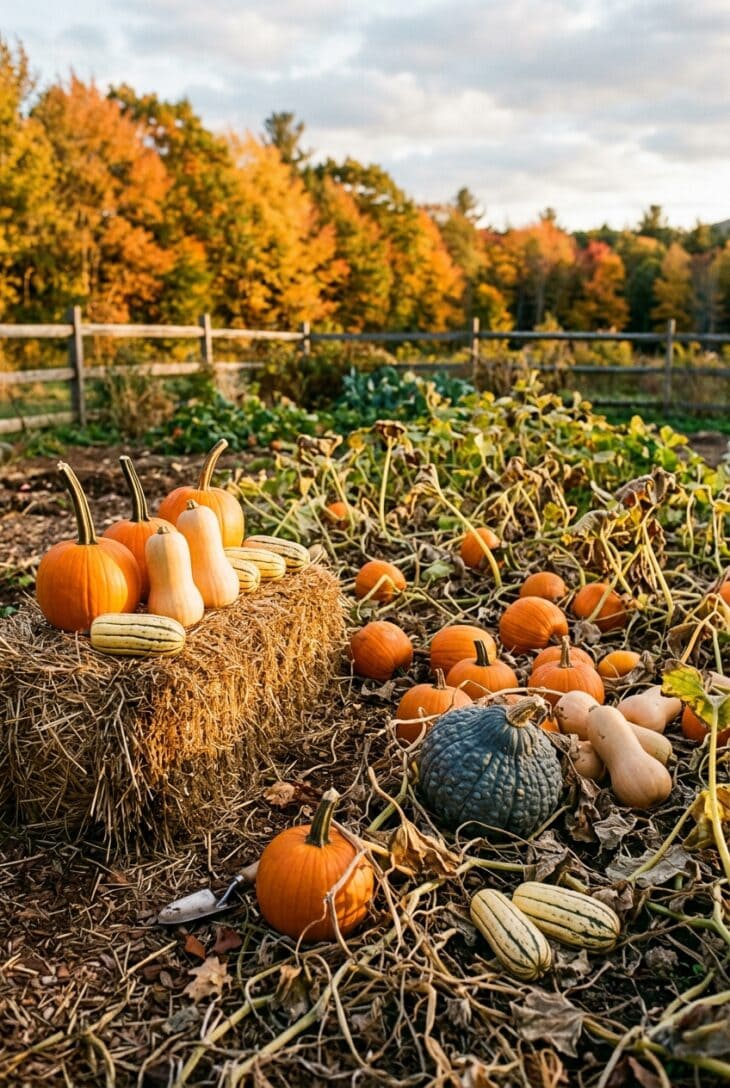 Squash patch with pumpkins, butternut, blue Hubbard and delicata among dying vines, some curing on a straw bale
