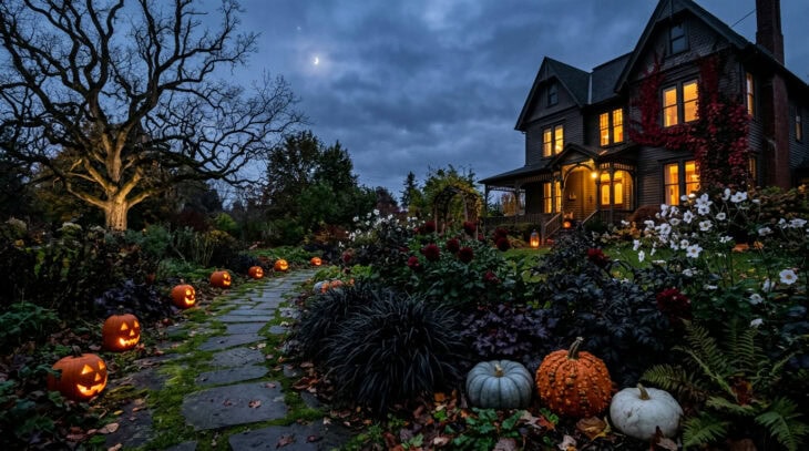 Front yard at dusk with a dark-foliage border, heirloom pumpkins and glowing jack-o'-lanterns lining a path to an old Victorian house
