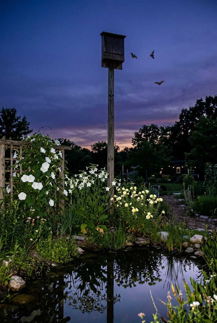 Backyard at twilight with a bat house on a tall pole, bats in flight and a pond edged with white night-scented flowers