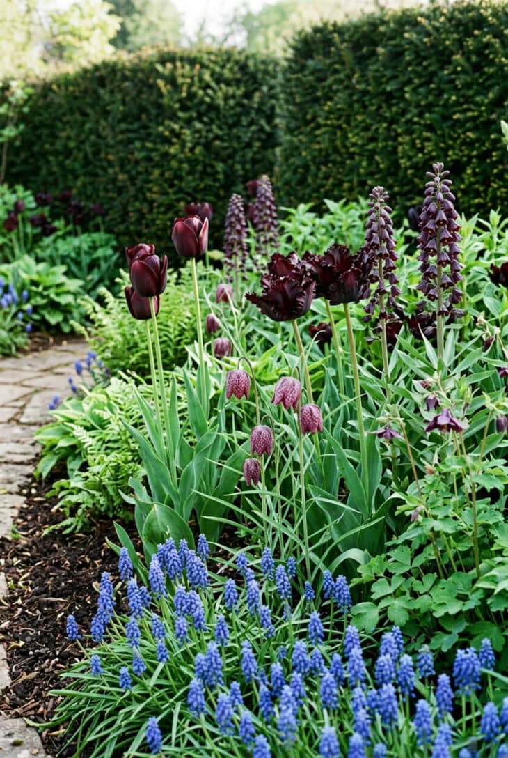 Spring bed of maroon-black tulips, dark parrot tulips, checkered fritillaries and blue grape hyacinths
