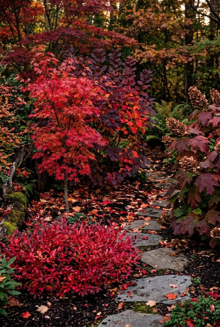 Fall planting of crimson Japanese maple, wine-red smokebush, burgundy oakleaf hydrangea and ruby sweetspire