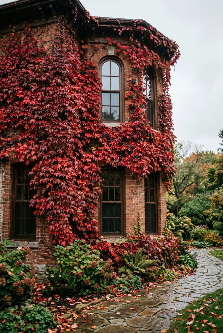 Old brick house wall covered in crimson Boston ivy around tall dark Victorian windows