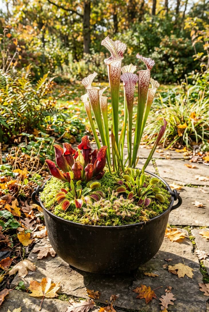 Black cauldron planter filled with white-topped pitcher plants, Venus flytraps and sundews on a sunny patio