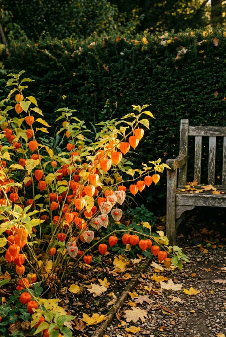Chinese lantern plants hung with glowing orange papery husks against a dark yew hedge in autumn
