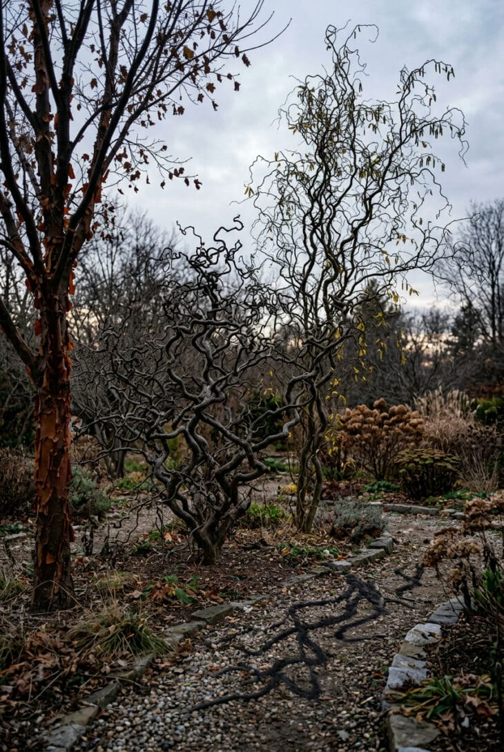 Leafless Harry Lauder's walking stick and corkscrew willow with twisted branches casting long shadows on gravel