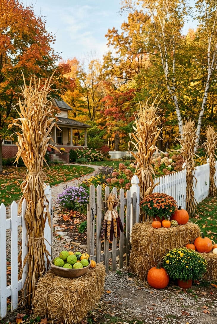 Picket fence with golden cornstalk bundles, straw bales, pumpkins, mums and a bowl of green osage oranges