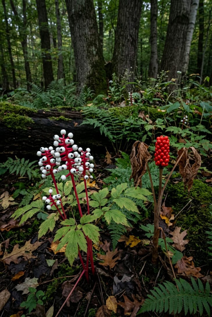 Shady woodland bed with doll's eyes white berries on red stalks and scarlet jack-in-the-pulpit berries among ferns