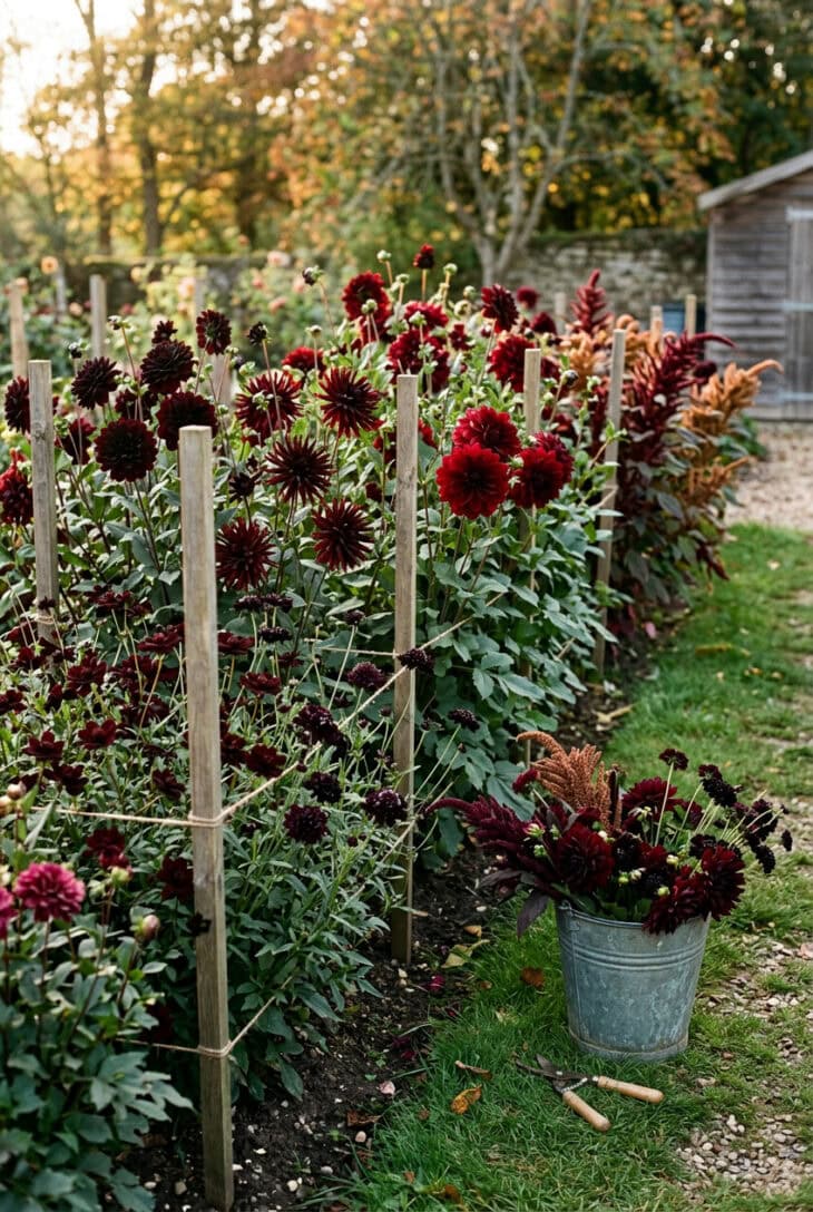 Cutting bed of deep maroon and near-black dahlias with chocolate cosmos, dark scabiosa and a bucket of cut flowers