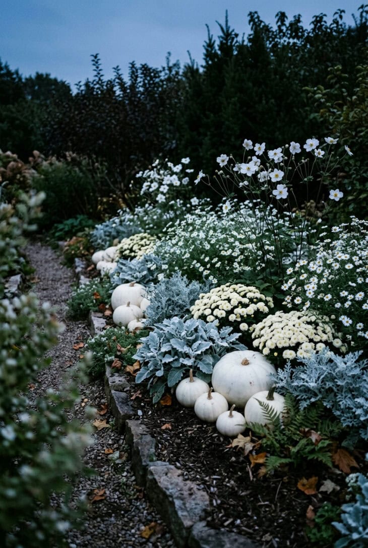 White and silver garden bed at dusk with white pumpkins, dusty miller, white mums and Japanese anemones glowing in twilight
