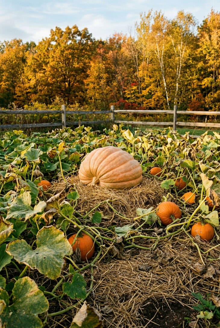 Backyard pumpkin patch with one huge pale orange giant pumpkin on straw among fading vines and smaller carving pumpkins