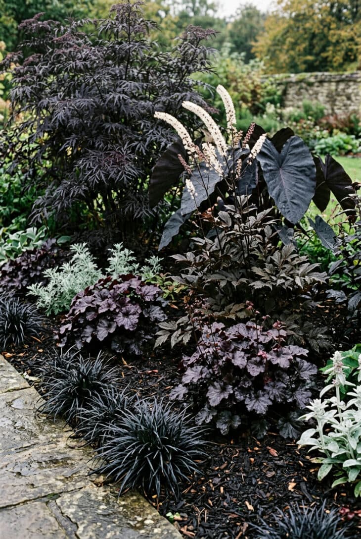 Garden border of near-black foliage with black elderberry, elephant ears, dark heuchera and black mondo grass along a stone edge