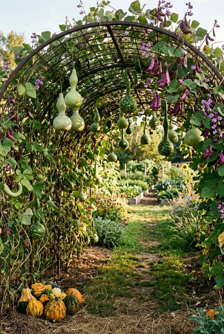 Arched garden tunnel hung with bottle gourds, swan gourds and purple hyacinth bean pods