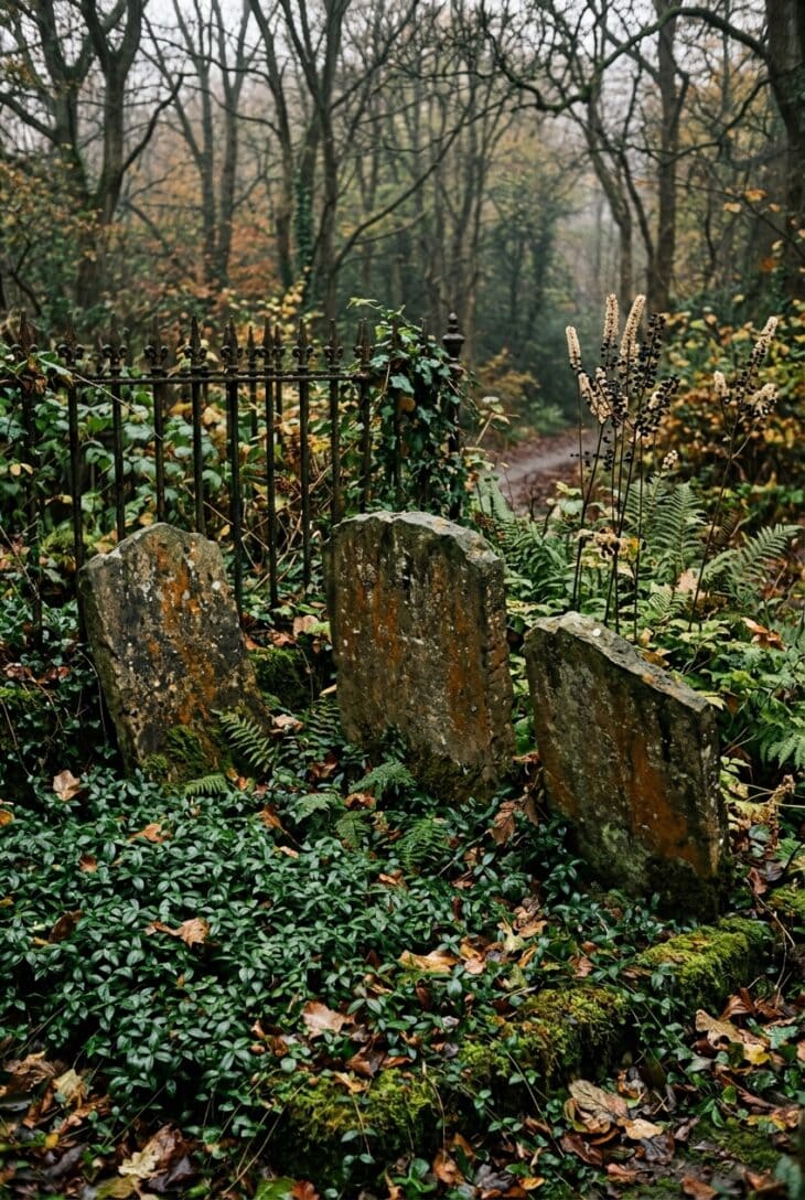 Shady garden corner with weathered blank stone slabs, periwinkle ground cover, ferns and a rusted wrought-iron railing in mist