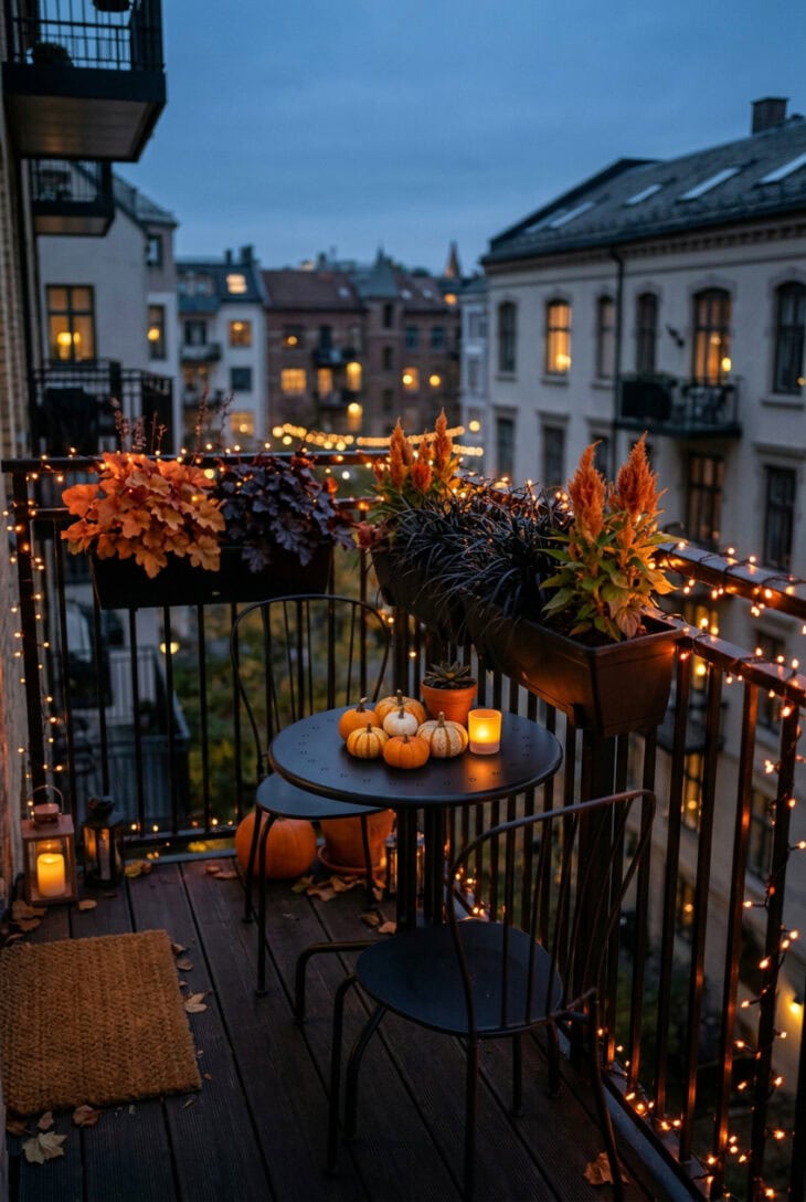 Small apartment balcony at dusk with rail planters of orange and dark heuchera, mini pumpkins and orange fairy lights