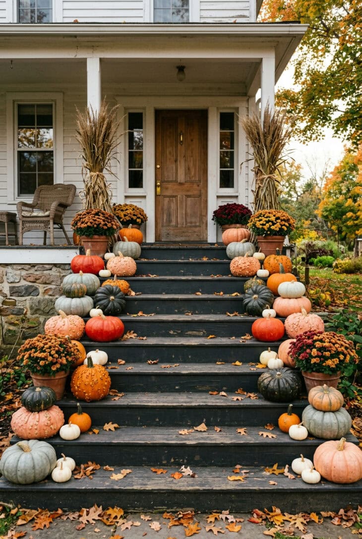 Front porch steps lined with blue-gray, red, warty salmon and dark green heirloom pumpkins and bronze mums