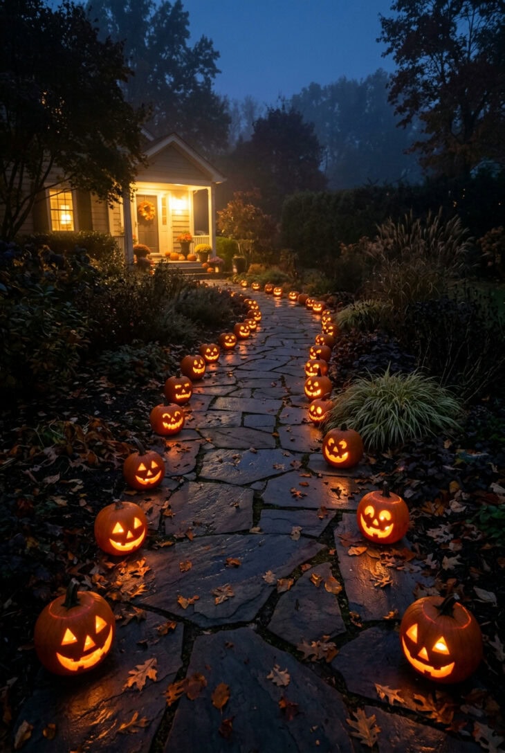 Curving flagstone path at night lined with glowing carved jack-o'-lanterns leading to a lit front porch
