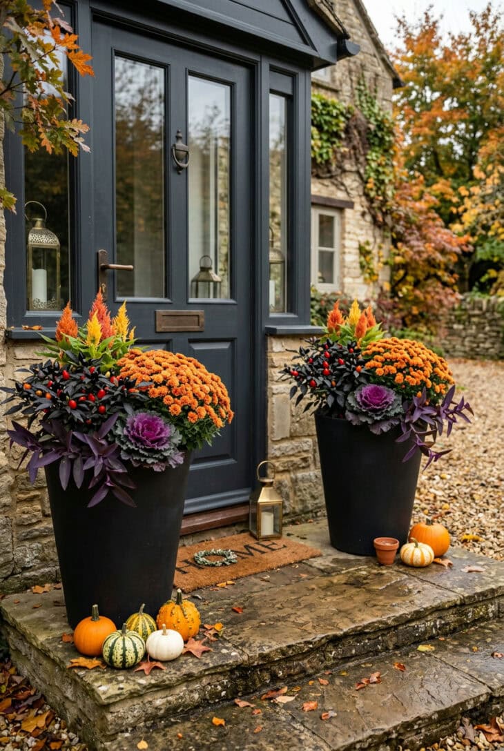 Black planters by a front door filled with orange mums, black ornamental peppers, purple heart and orange celosia