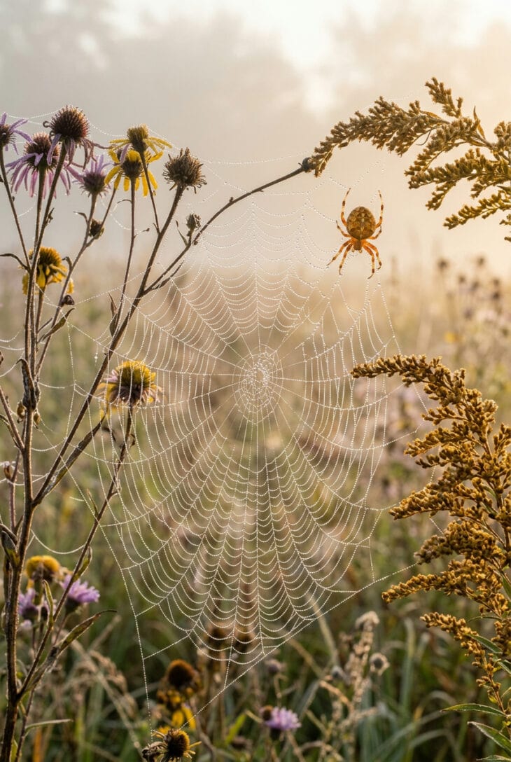 Dew-covered orb spider web among fall asters at dawn with an orange marbled orb weaver spider
