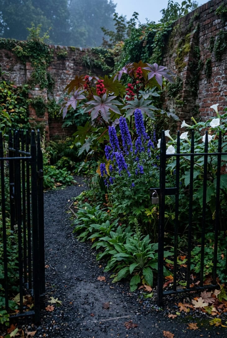 Poison garden behind black iron railings with violet monkshood, red-leaved castor bean and white datura at dusk
