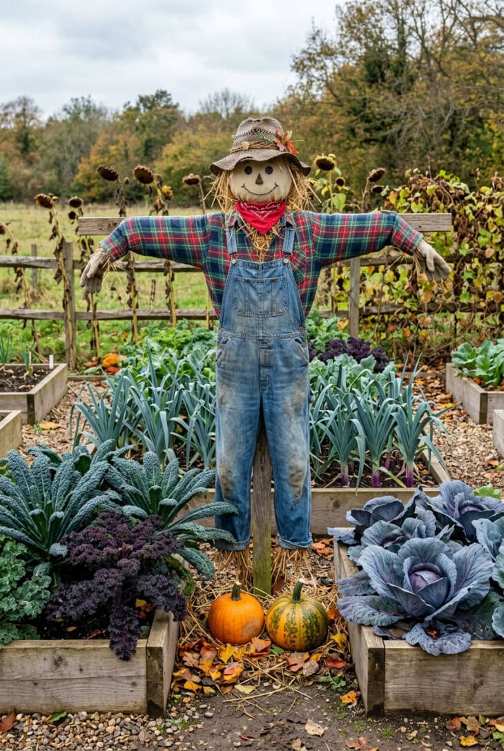 Straw-stuffed scarecrow among raised beds of dark lacinato kale, red cabbage and blue-green leeks in fall