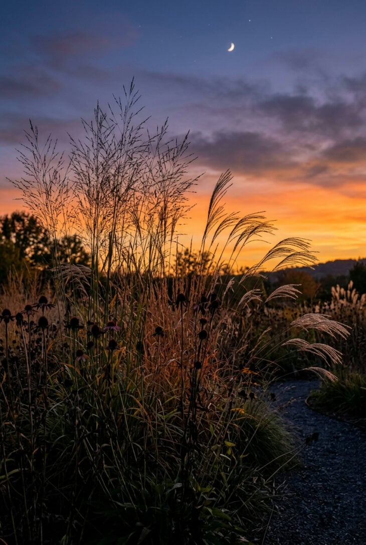 Ornamental grasses and dried coneflower seedheads silhouetted against an orange and violet dusk sky