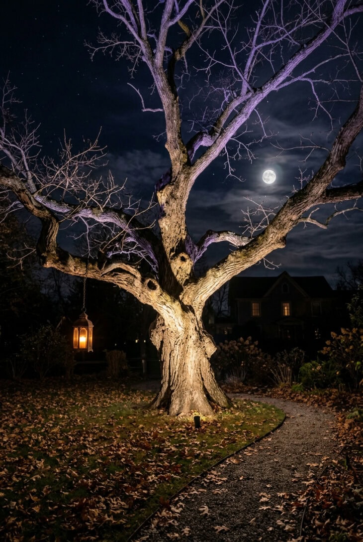 Gnarled old oak uplit at night with warm and violet light and an iron lantern hanging from a low branch