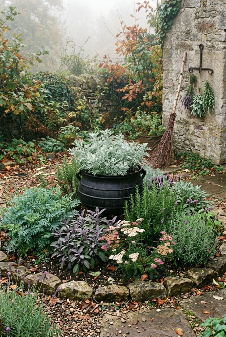 Circular herb garden around a black cauldron of wormwood, with rue, purple sage, rosemary, yarrow and lavender