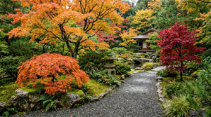 Japanese garden in fall with weeping laceleaf, orange and red Japanese maples along a gravel path