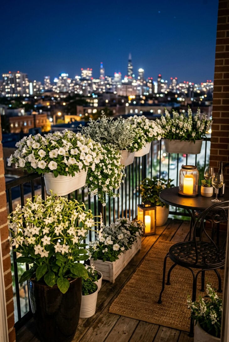 City balcony at dusk with pots of white petunias, bacopa, angelonia and silver licorice plant