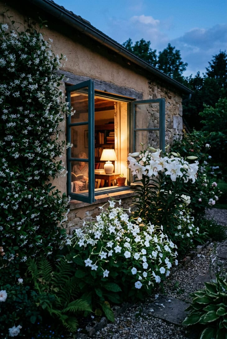 Open window at dusk above a bed of white Oriental lilies, four o'clocks and flowering tobacco
