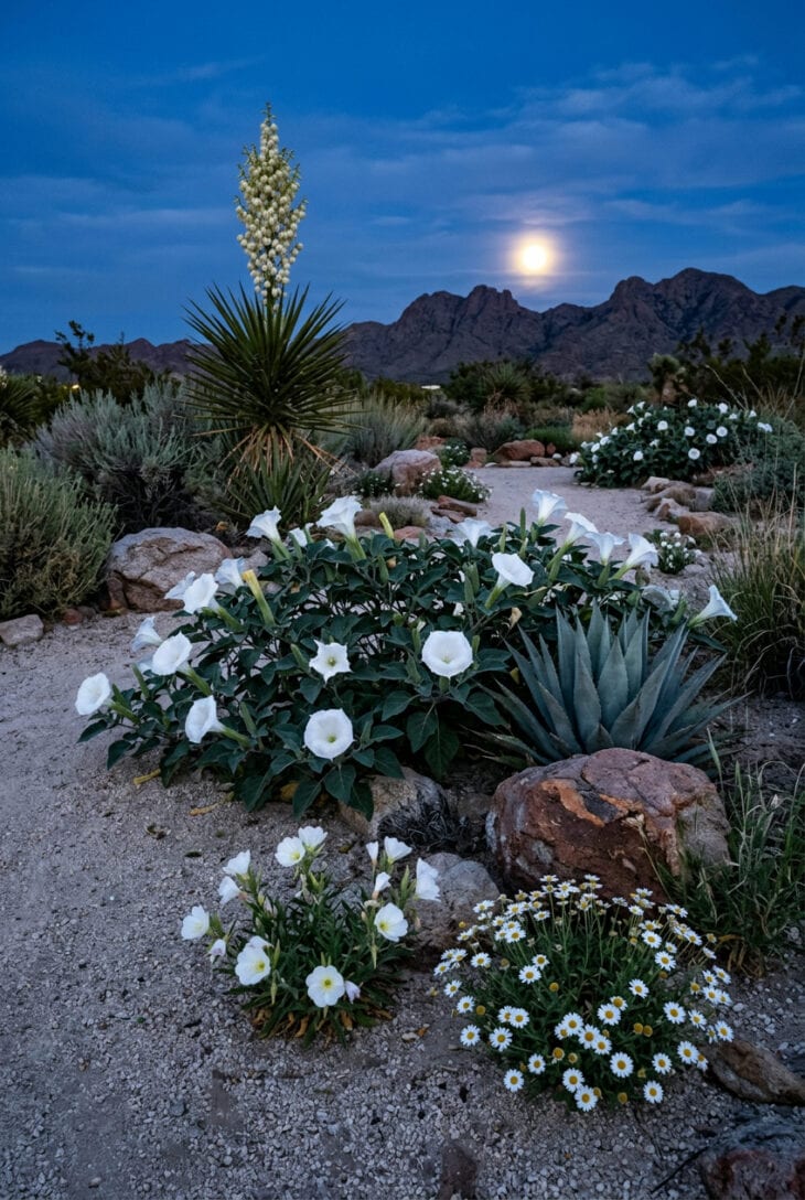 Southwest desert garden at dusk with white datura, evening primrose, a flowering yucca and agave under a full moon