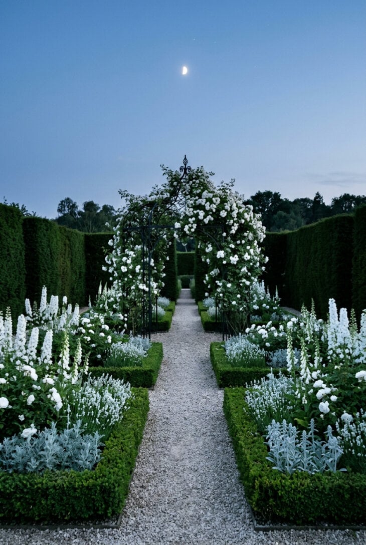 Formal white garden with box-edged beds of white roses and foxgloves inside dark yew hedges at dusk