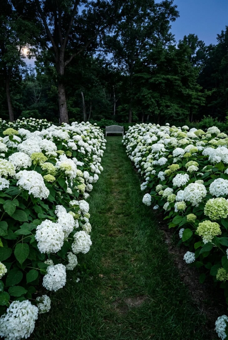 Grass path between rows of white snowball hydrangeas glowing in blue twilight