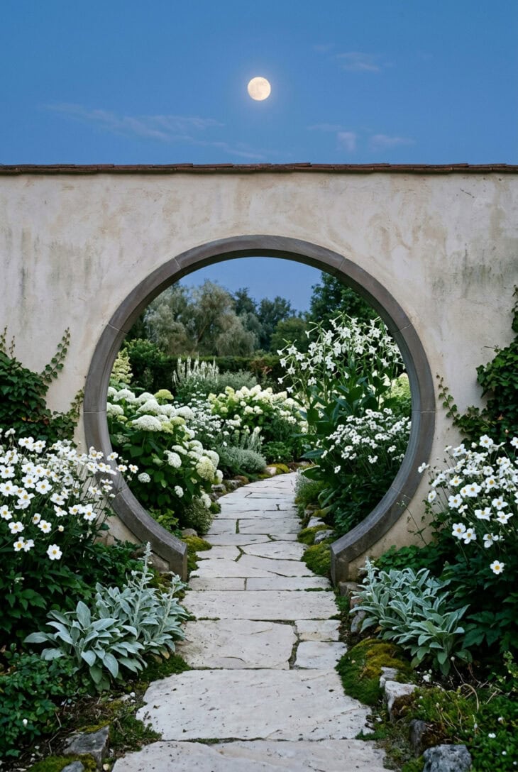 Circular moon gate in a pale garden wall framing a white-flowered garden at twilight