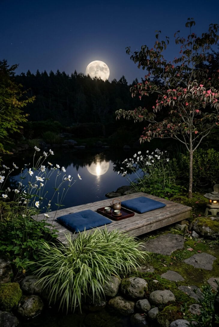 Low wooden deck facing a rising full moon, surrounded by white Japanese anemones and striped forest grass