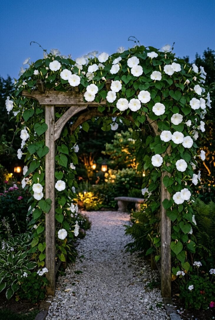 Wooden arbor covered in a moonflower vine with large white flowers open at dusk