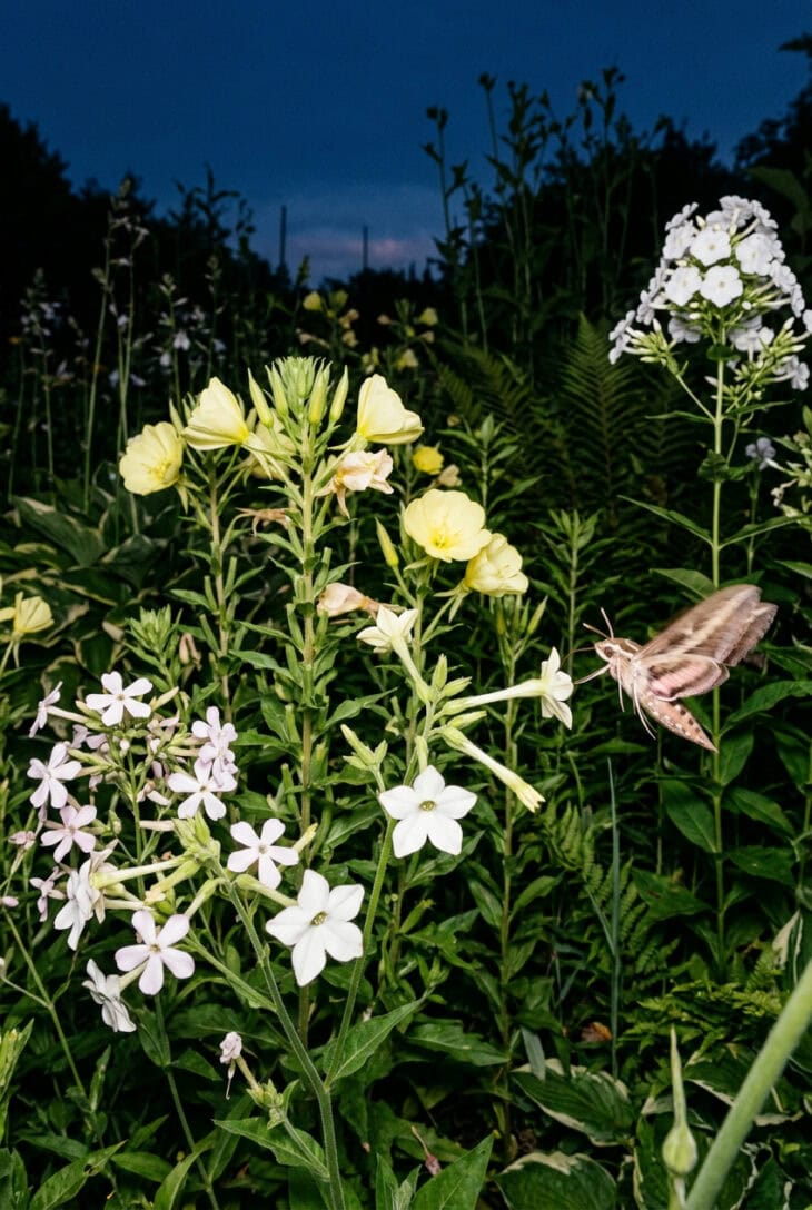 Sphinx moth hovering at white flowers in a border of evening primrose, flowering tobacco and phlox at dusk