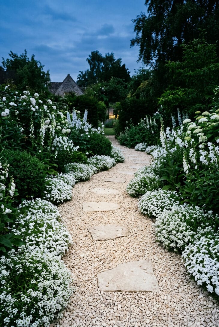 Pale crushed stone path edged with white candytuft, creeping phlox and sweet alyssum at twilight