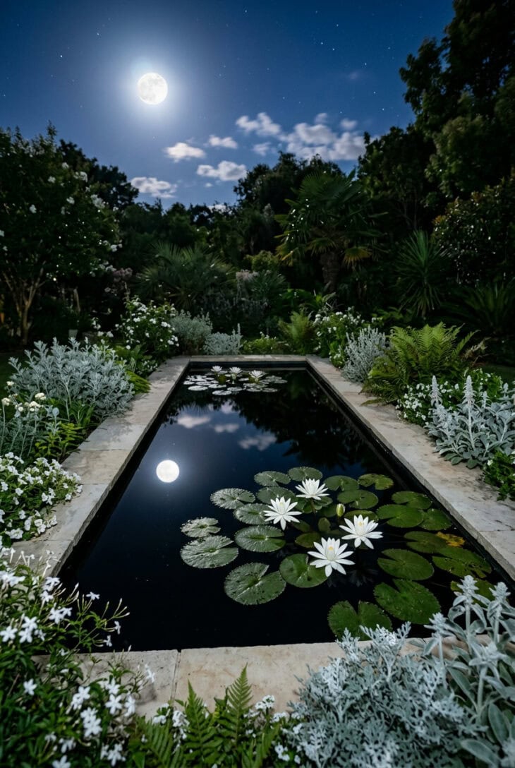 Stone-edged reflecting pool with white water lilies open at night and the full moon reflected in the water