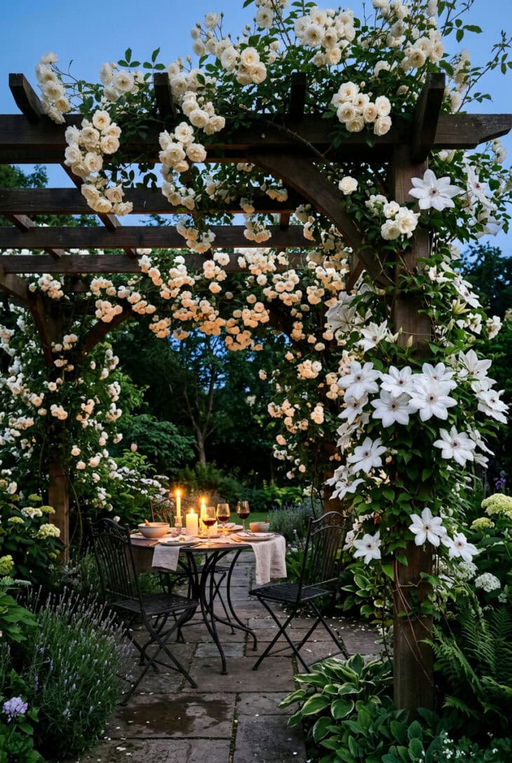 Pergola covered in white climbing roses and white clematis over a candlelit table at dusk