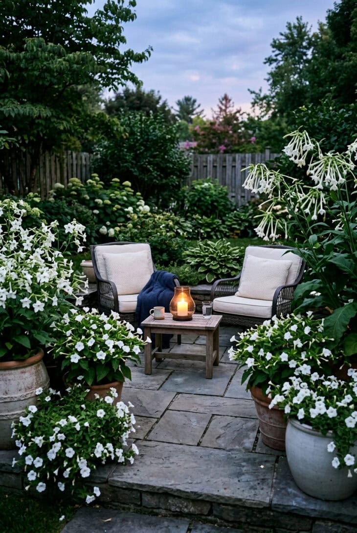 Stone patio at dusk ringed by pots of white flowering tobacco, four o'clocks and petunias