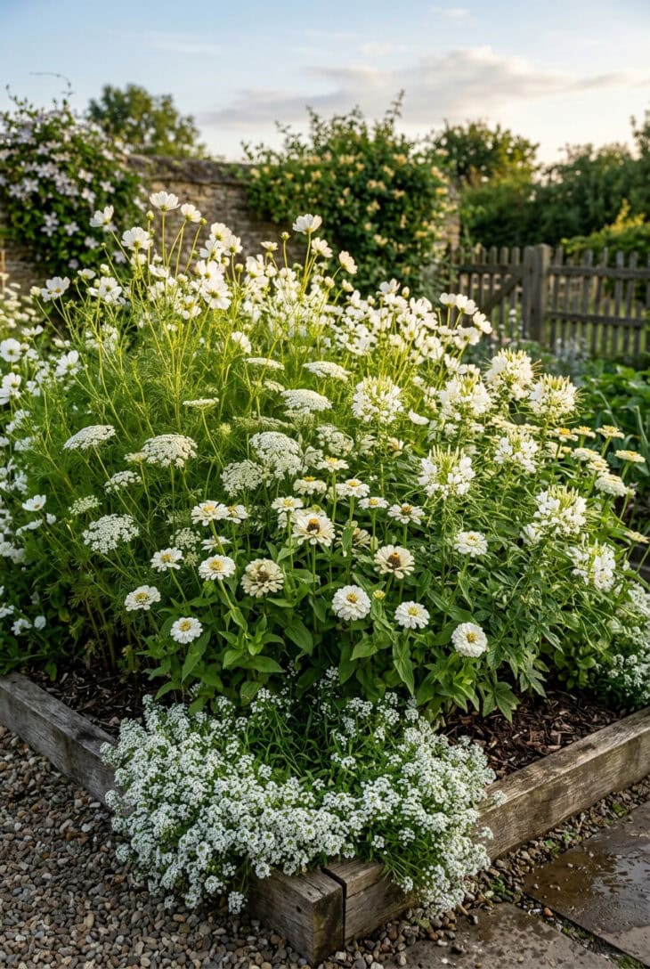 Garden bed grown from seed with white cosmos, bishop's flower, zinnias, cleome and sweet alyssum