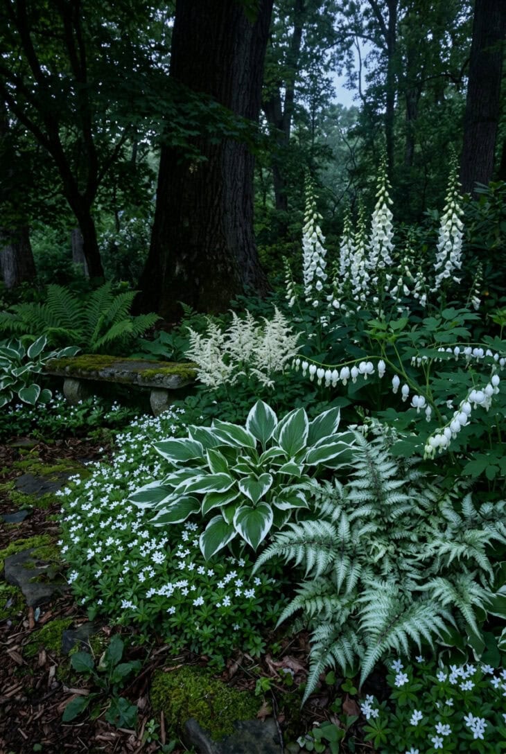 Shady woodland corner of white-edged hostas, silver painted ferns, white astilbe and foxgloves at dusk