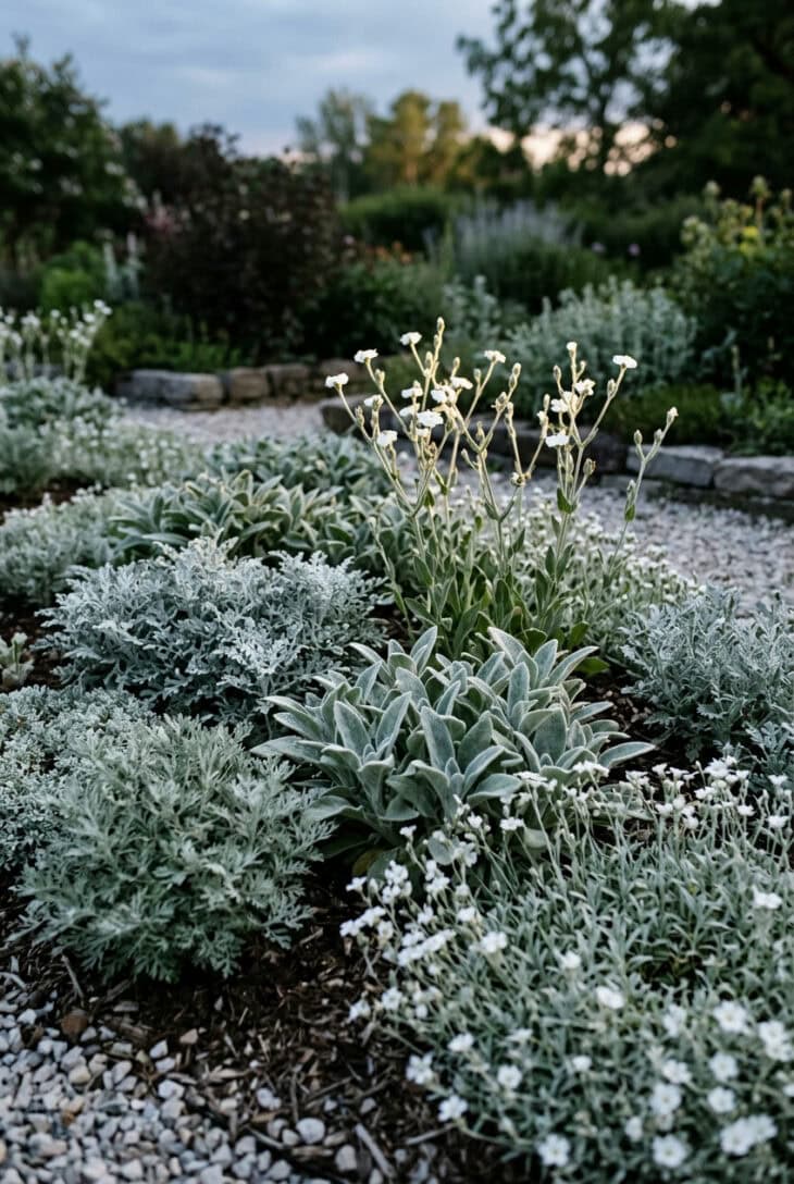 Bed of silver foliage plants including lamb's ears, dusty miller and artemisia at dusk