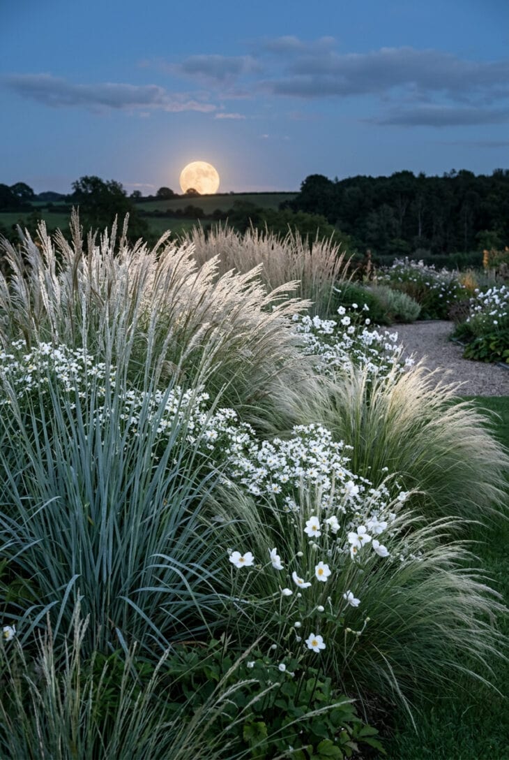 Ornamental grasses with pale plumes and white anemones shimmering under a rising full moon